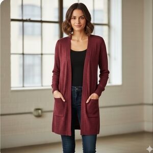 Denim&Co Long Sleeve Open Front Cardigan Womens Size Large Petite Red